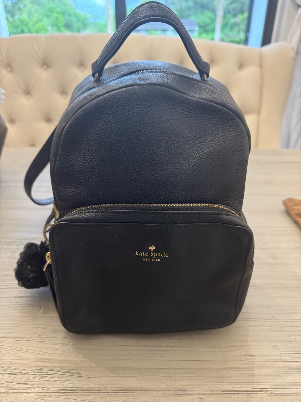kate spade Black Pebbled Leather Mini Backpack with Gold Logo